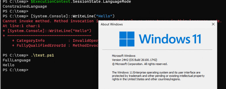 Constrained Language Mode is NOT active when running a powershell script in windows 11 24h2 with applocker enforcement turned on