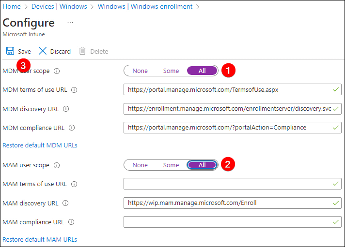 Enable All for MDM user scope and MEM user scope for automatic enrollment for Windows