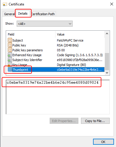 certificate properties, details, thumbprint field