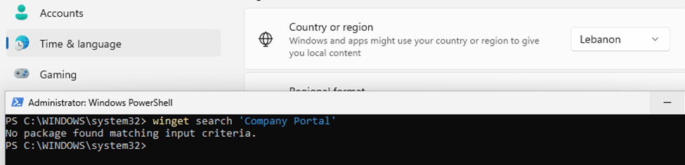 No package found (0x87D30017) matching input criteria when searching for the company portal with the region set to lebanon