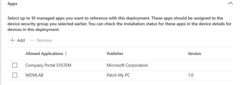 selecting the company portal as allowed app in the autopilot device preparation profile