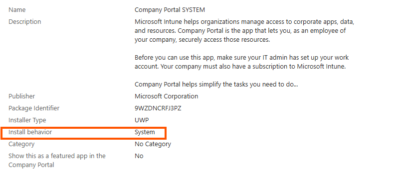 the company portal uwp app (wingetapp) is configured to system install behavior