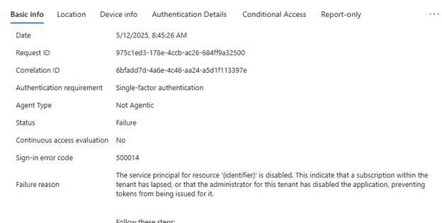 sign-in error code 500014
the service principal for resource 'identifier' is disabled