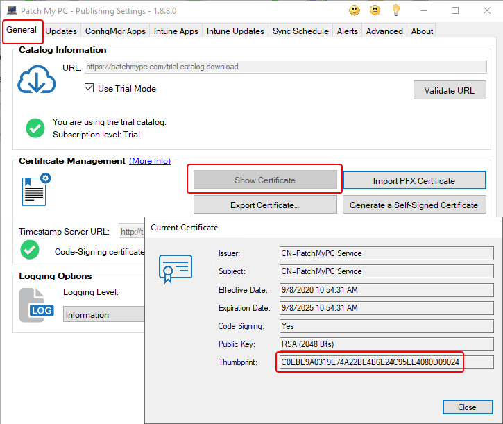 General Tab, Show Certificate, Thumbprint field