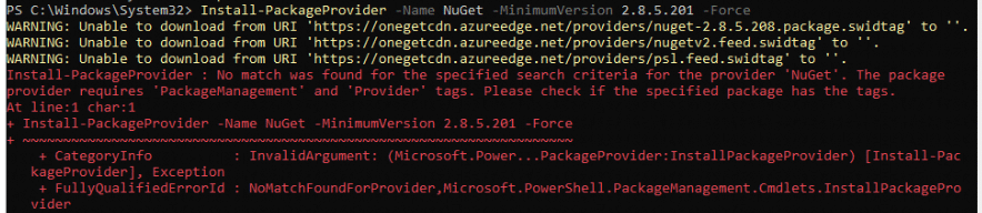 Install-PackageProvider: No match was found for the specified search criteria for the provider 'NuGet' 