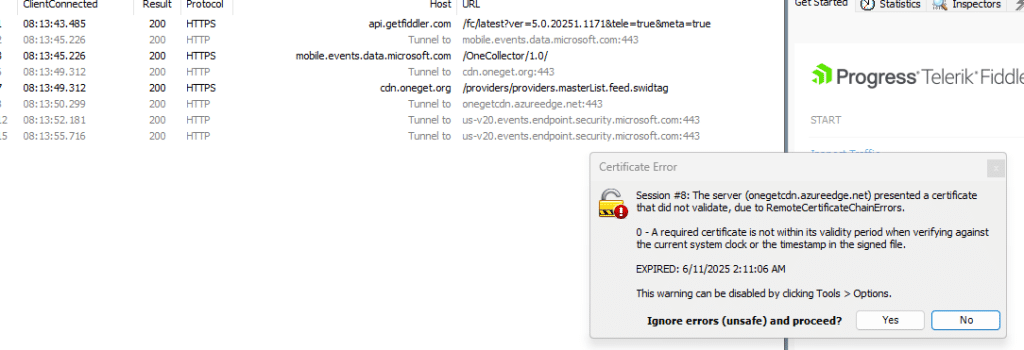 Fiddler showed me the certificate was expired and if i wanted to ignore the errors