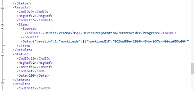 the progress blob with the workloads coming down to the device during Autopilot Device Preparation