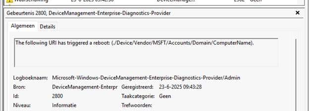event id 2800 mentioning: the following URI has triggered a reboot