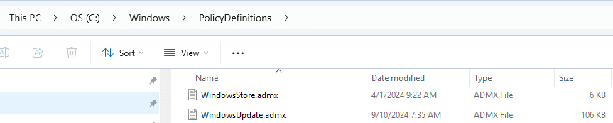the windowsupdate.admx was available in the policydefinitions folder