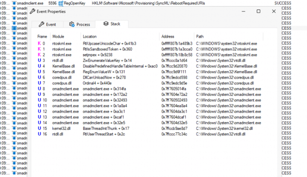 procmon trace showing the omadmclient lookign at the rebootrequireduris