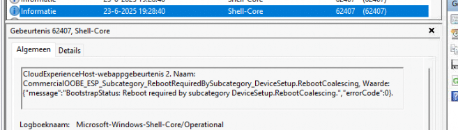 event 62407, mentioning 'DeviceSetup RebootCoalescing reboot required