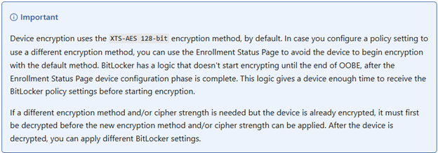 device encryption uses the xts-aes 128-bit bitlocker encryption by default