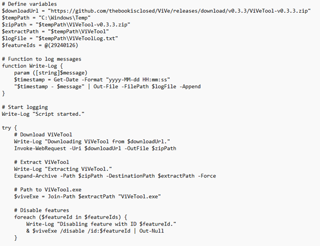 the powershell script to download the vivetool and disable the autopilot bitlocker oobe deferral feature