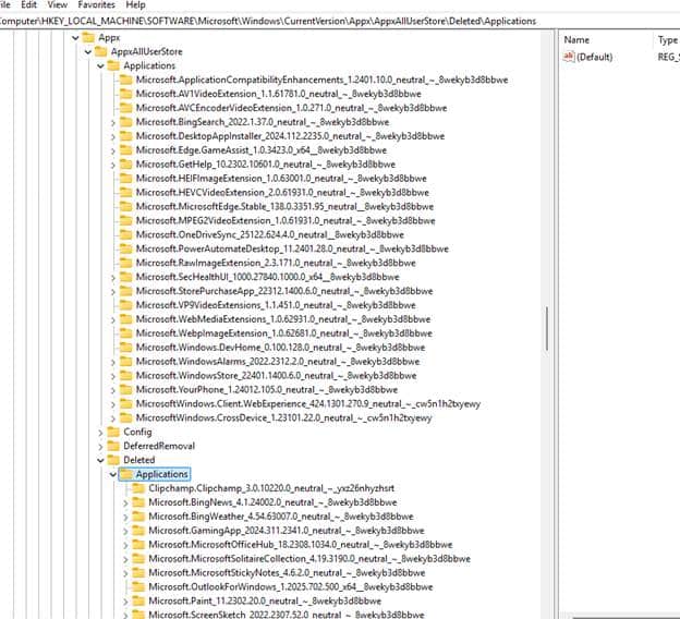 the microsoft store apps will be moved to the deleted registry key