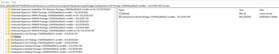 the Component Based Servicing registry showing the userexpience-aix package