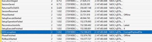 the etl trace showing that there was a corrupt payload file