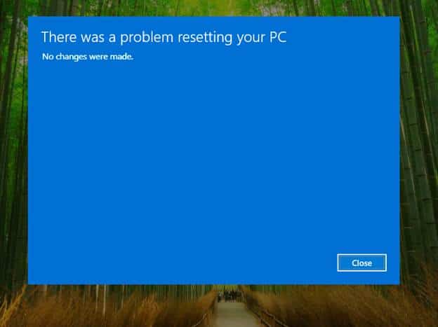 an image showing There was a problem resetting your PC. No changes were made