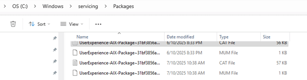 the windows\servicing\packages folder showing the cat and mum files for the userexperience-aix package