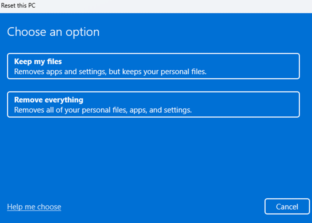 an picture showing to choose an option to keep my files or remove everything during a local reset