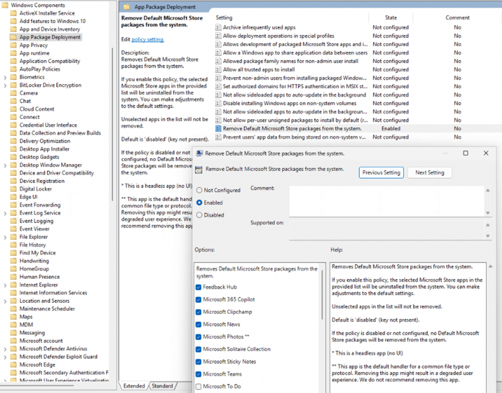 the Remove Default Microsoft Store Packages from the system feature can be found in the gpo App Package Deployment