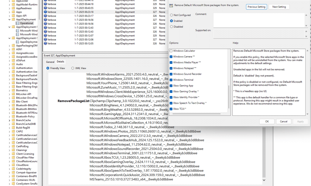 Event ID 327 showing the removepackagelist for all the microsoft store apps which will be removed when the Remove Default Microsoft Store Apps feature is enabled