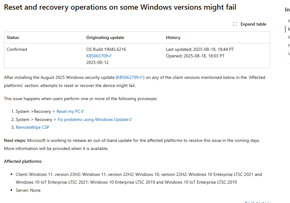 reset and recovery operations on some windows version might fail