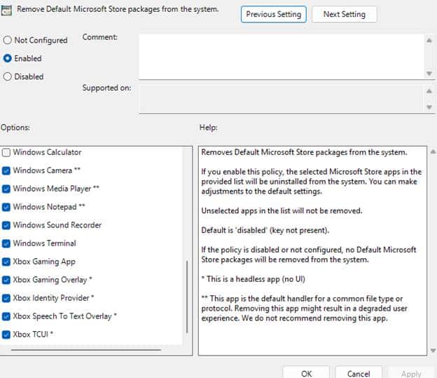 Prevent Store App Provisioning by configuring the Remove Default Microsoft Store Packages from the System