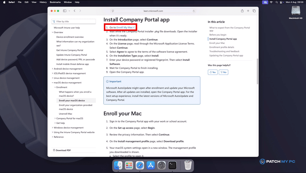 Navigate to Microsoft Learn to nget the link to install the Company Portal app manually