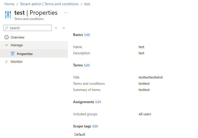 configuring terms of use in Intune