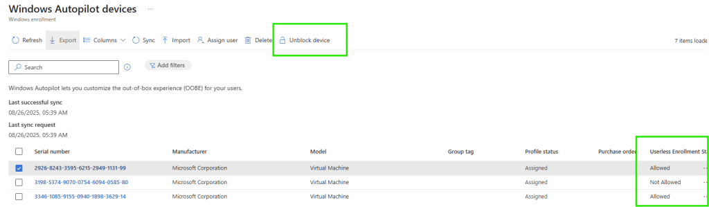 userless enrollment state showing the device is not allowed so we need to unblock it