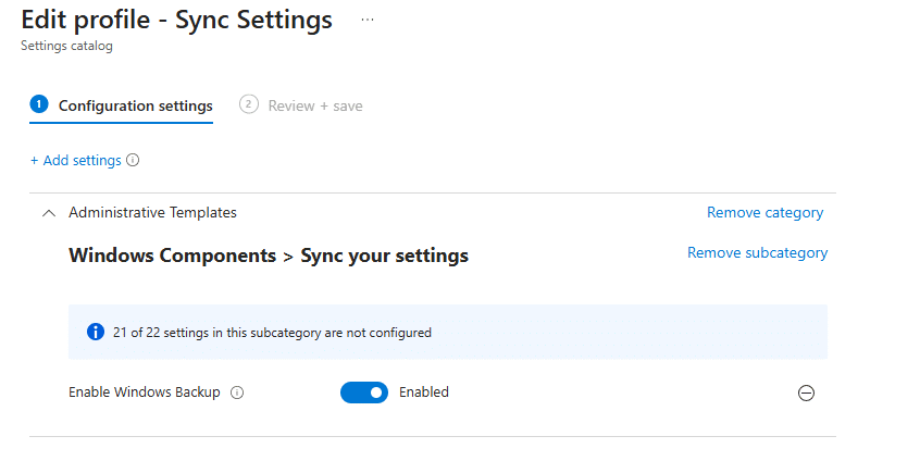 enable windows backup for organization with the settings catalog