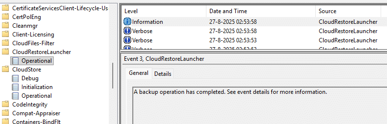 the cloudrestorelaunched event log that holds all the evens for windows backup for organizatio 