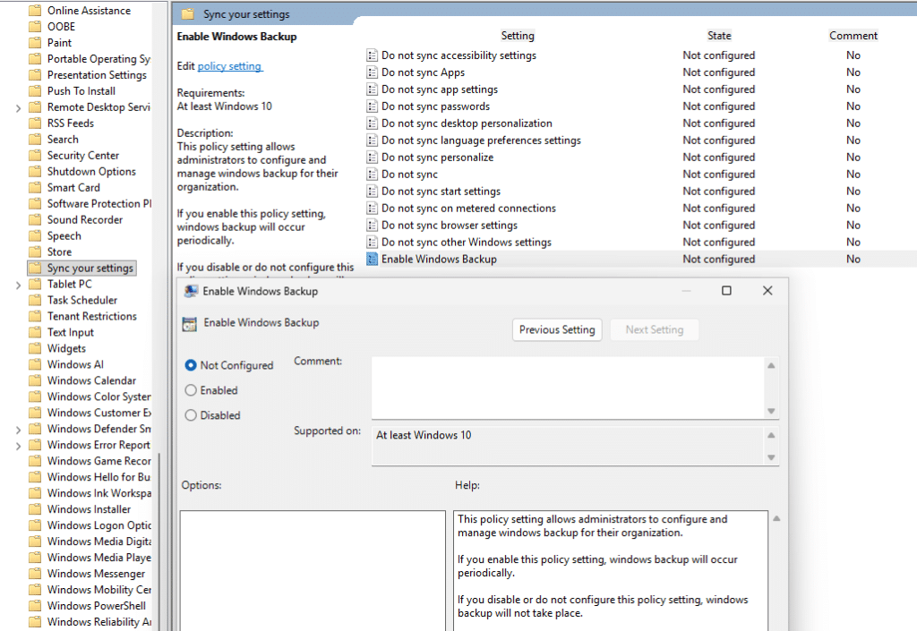 enable windows backup for organization with the gpo