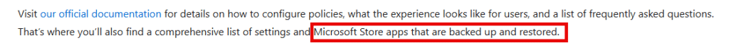  Windows Backup for Organizations backups and restores Microsoft Store Apps
