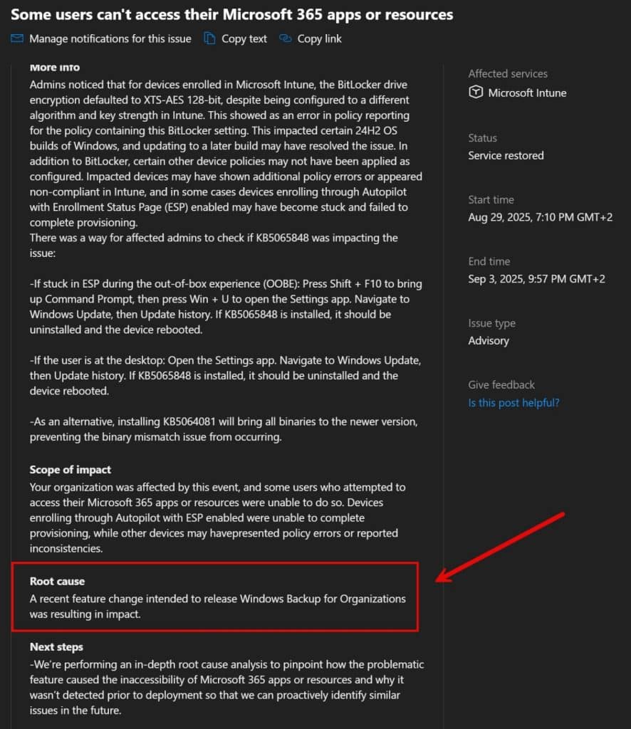 The advisory pointed at KB5065848 as the common thread, and sure enough, it mentioned both BitLocker not applying and the device stuck on Identifying during Autopilot ESP.
