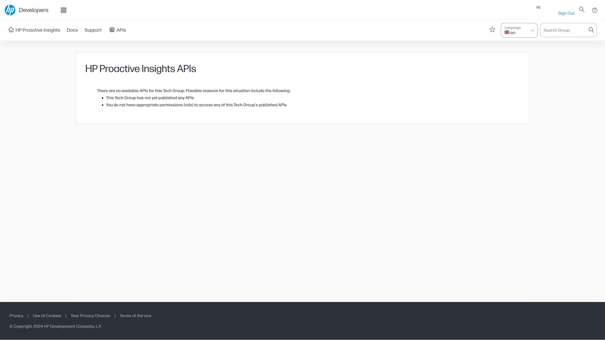 This image showcases the Hp Proactive Insights API web page, with the error You do not have appropriate permissions (role) to access any of this Tech Groups published Apis