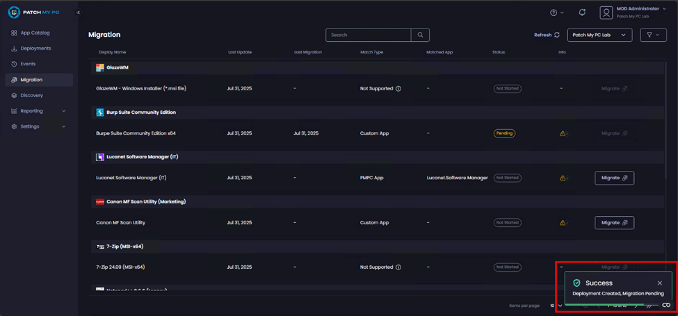 "Migrate, the Success – Deployment Created, Migration Pending" notification