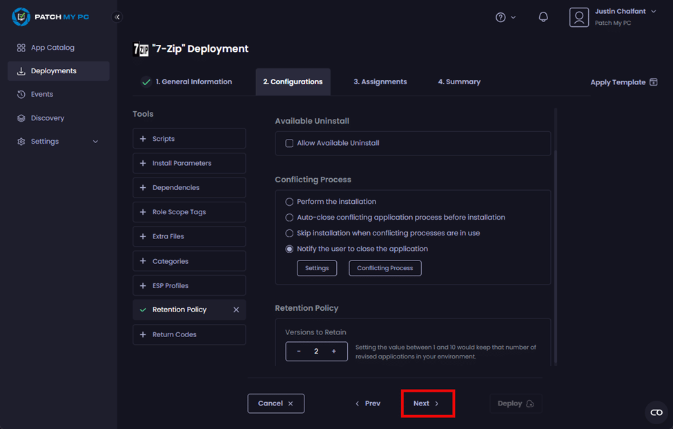 Clicking "Next" to move to the "Assignments" tab