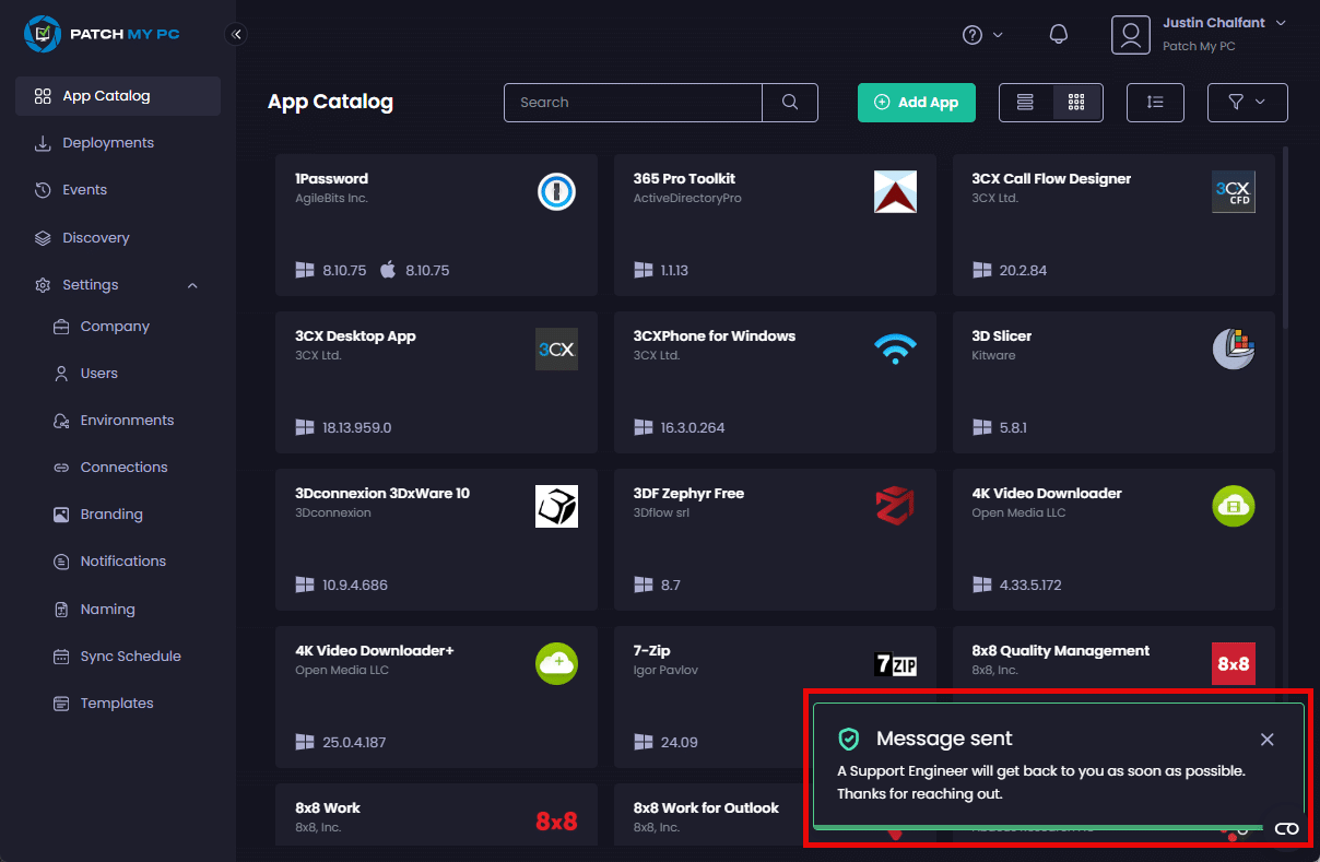 The "Message sent" notification is shown