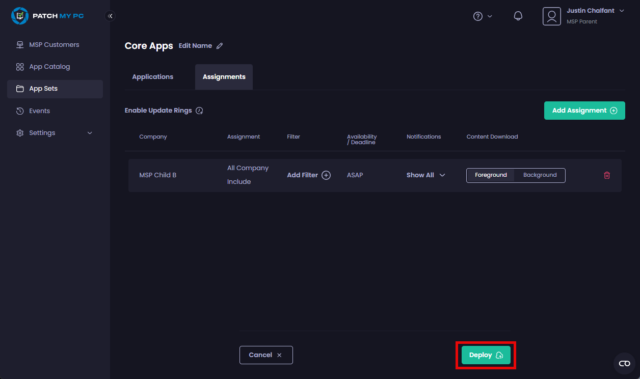 Clicking "Deploy" to deploy this App Set