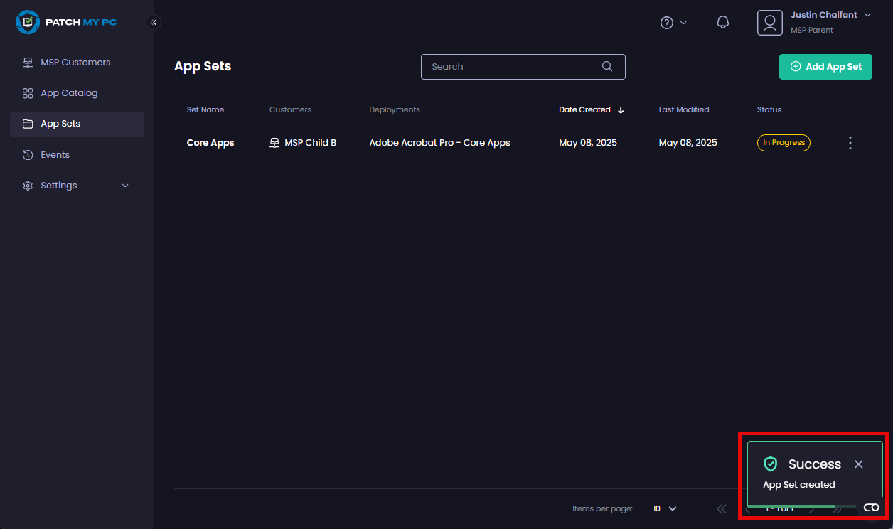 "App Sets" showing the newly created deployment