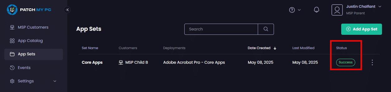 App Set showing with a status of "Success"