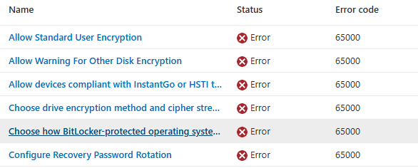 BitLocker policies showing the 65000 error