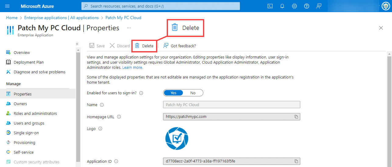 Clicking "Delete" on the "Properties" page of the Patch My PC Cloud app in the Azure Portal