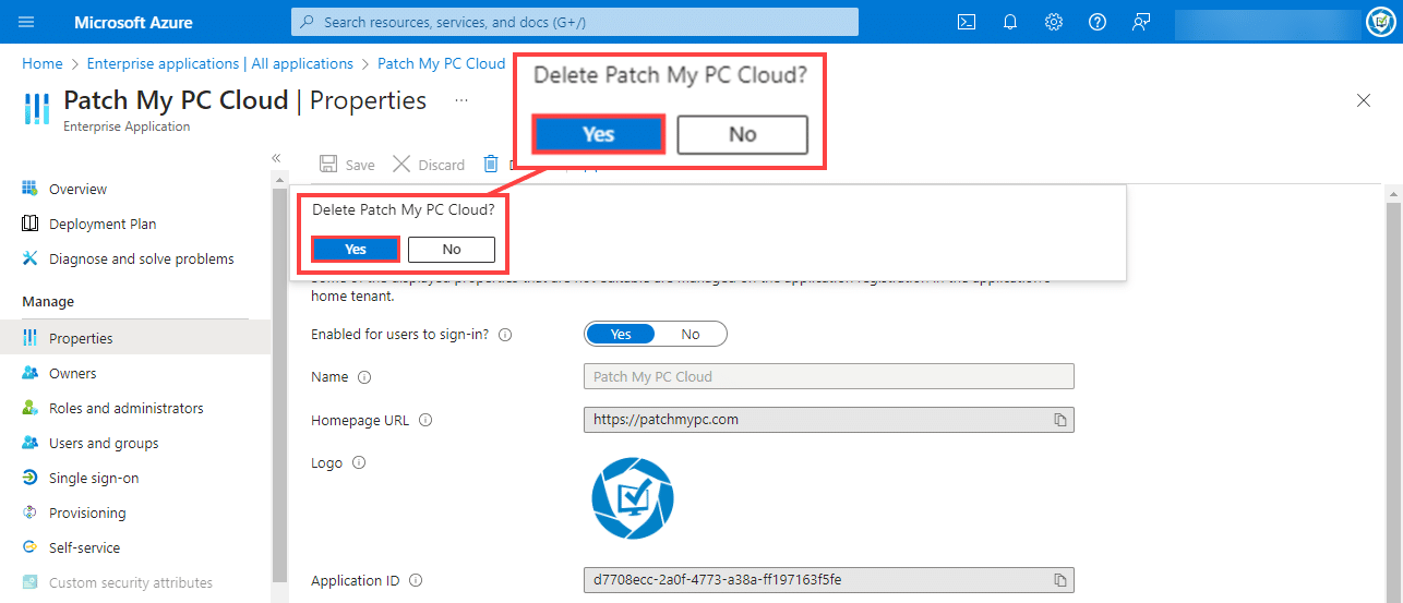 Clicking "Yes" when prompted to "Delete Patch My PC Cloud" app from the Azure Portal