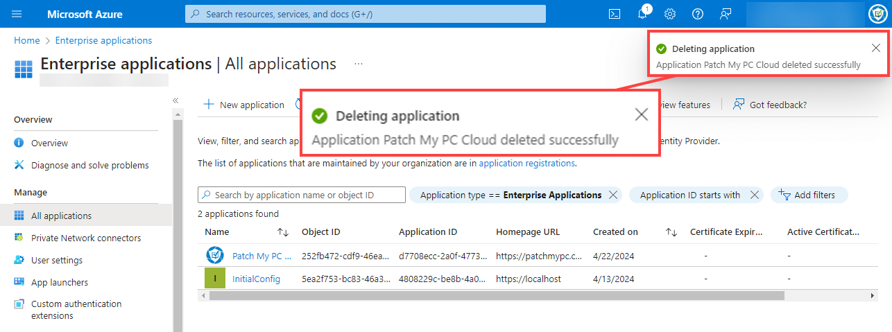"Deleting application" message being displayed whilst the app is deleted.