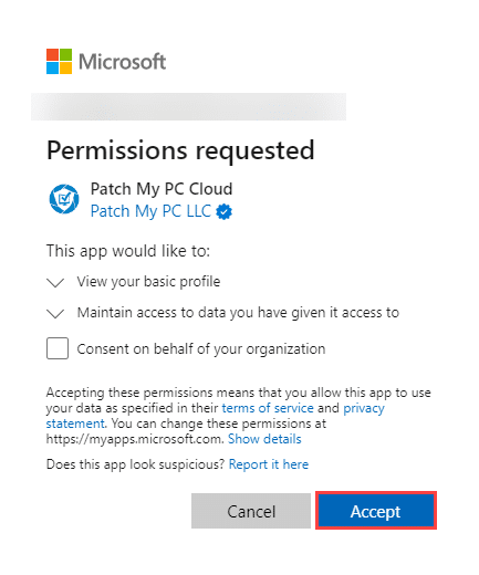 "Permissions requested" dialog box