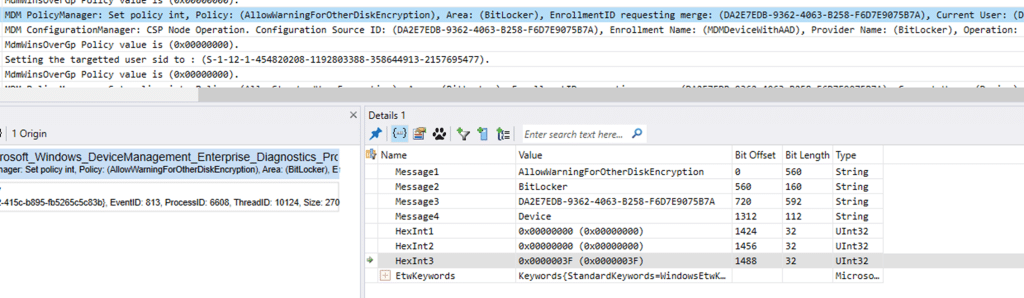 BitLocker policy showing Scope = 0x3F and enrollment type 0x0