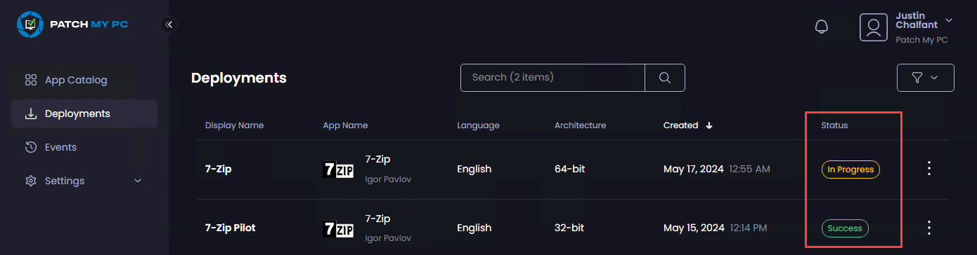 "Status" column showing the status of each deployment