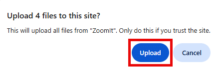 Clicking "Upload" when prompted to upload the content